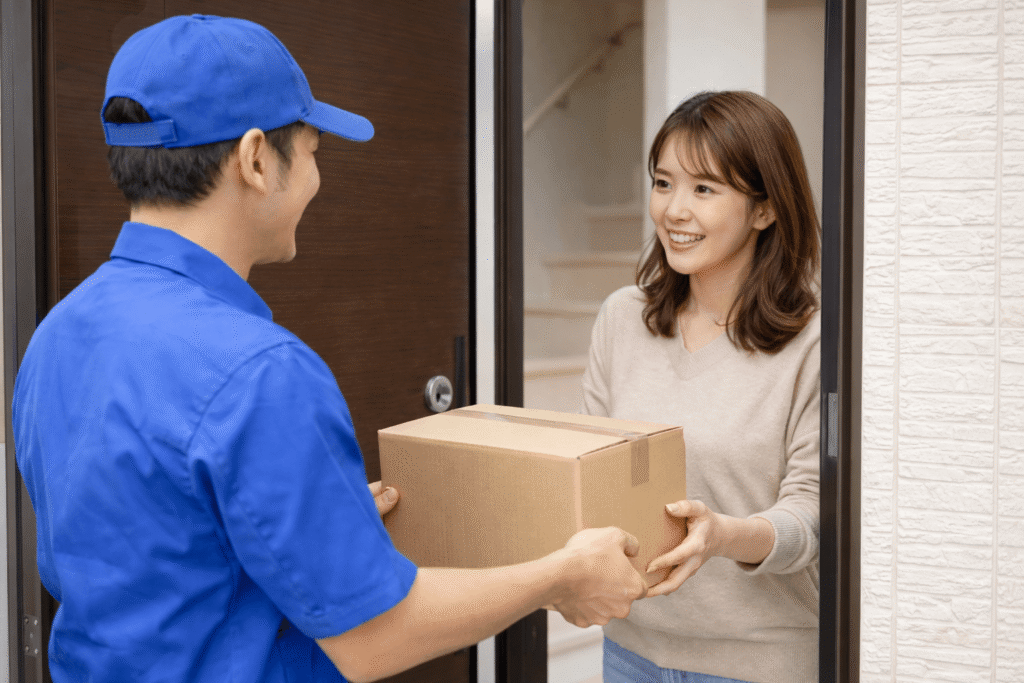 A -mother- hands- a- cardboard- box- to- a- delivery- person- at- the- front- door