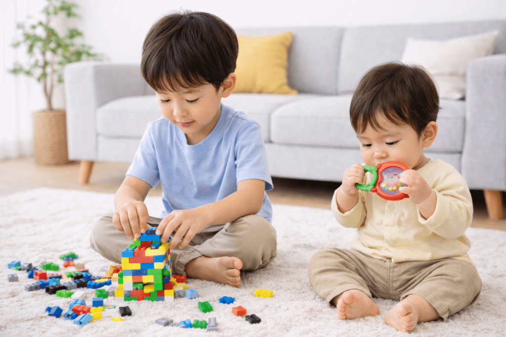 A 5-year-old -boy- plays- with- small- blocks. -A- 1-year-old- boy- plays- with- baby- toys.