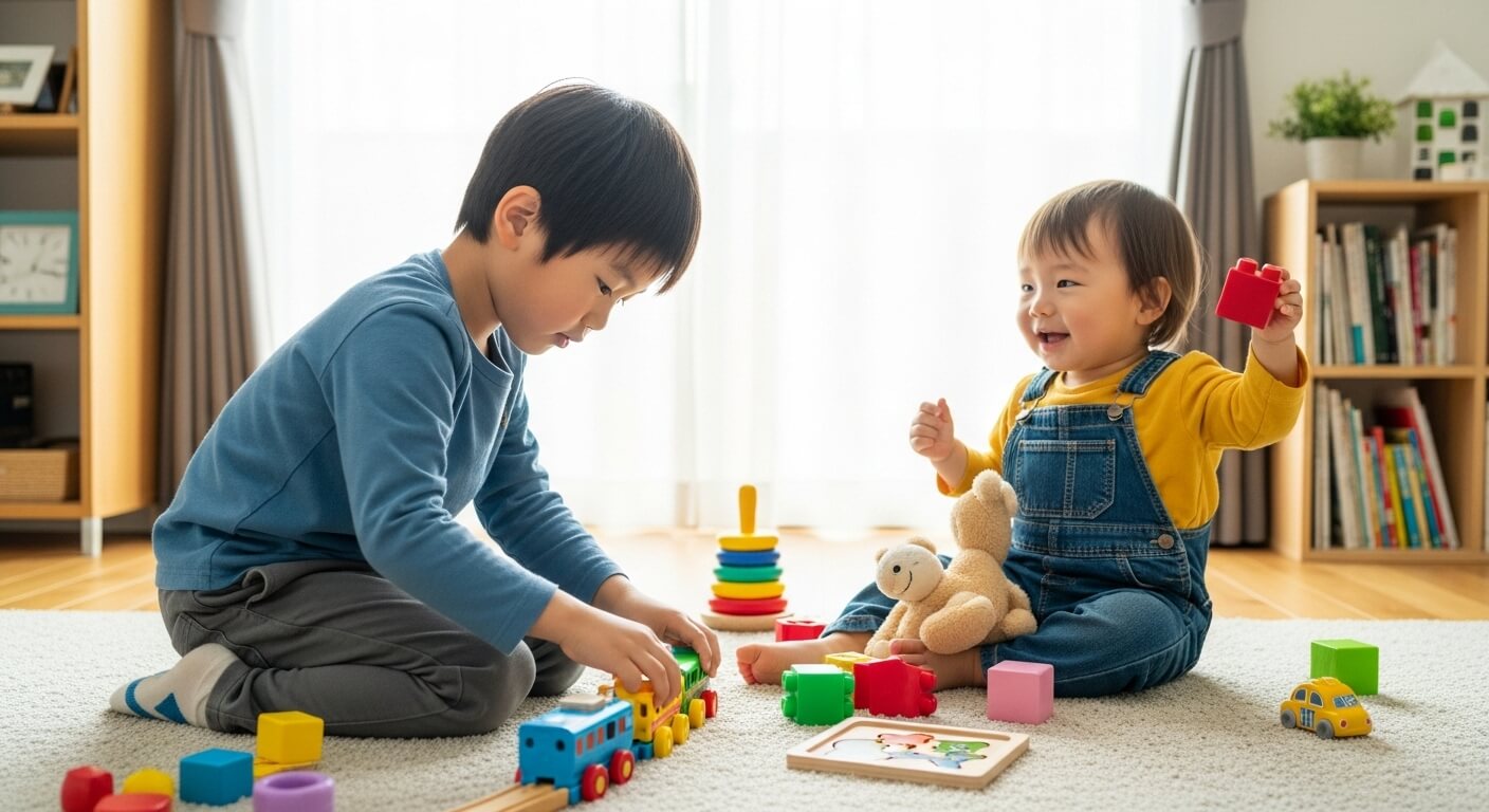 Two- Japanese- brothers- (aged- 2- and- 4)- are -playing- with- toys- indoors.