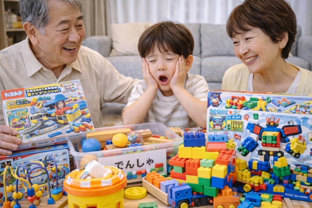 Grandparents- buy- their- grandchild- lots- of- toys,- but- it -seems- they- end- up -with- too -many.