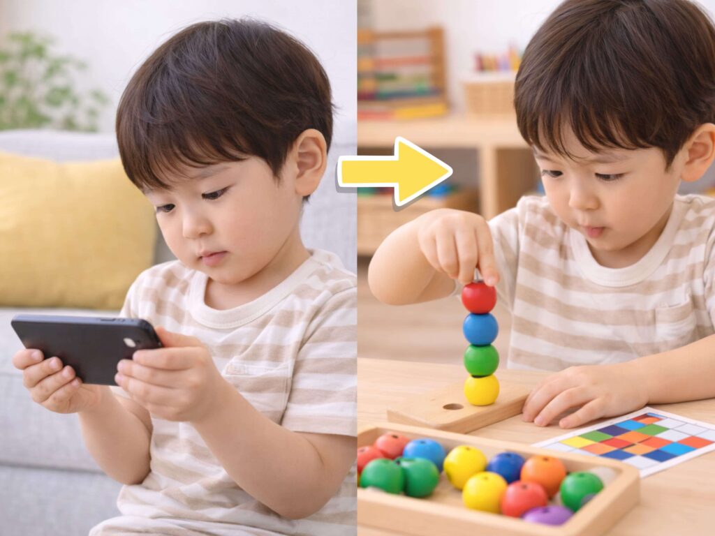 On the left half, a 5-year-old Japanese- boy- watches- videos- on- his- smartphone,- while- on- the- right- half,- a- 5-year-old- Japanese- boy- plays- with- a- complex- educational- toy.
