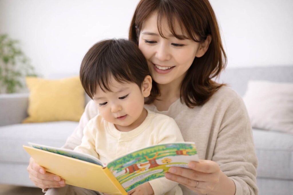 A 2-year-old- Japanese- boy- looking- at- a- picture- book- with- his- mother