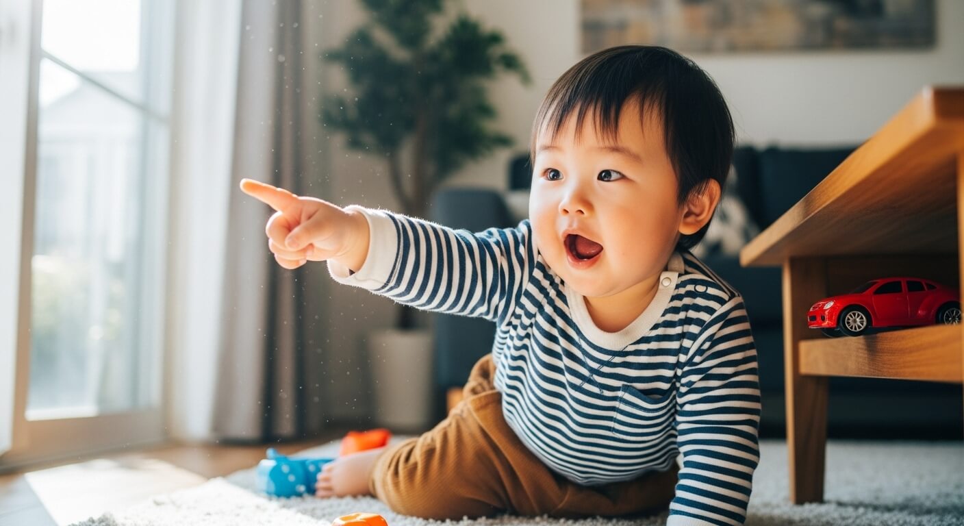A- one-year-old- Japanese- boy- finds- something- and- points- to- it