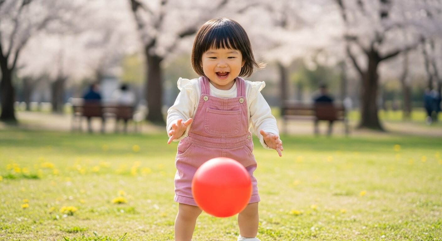 A -2-year-old- Japanese- girl- playing- with- a- ball