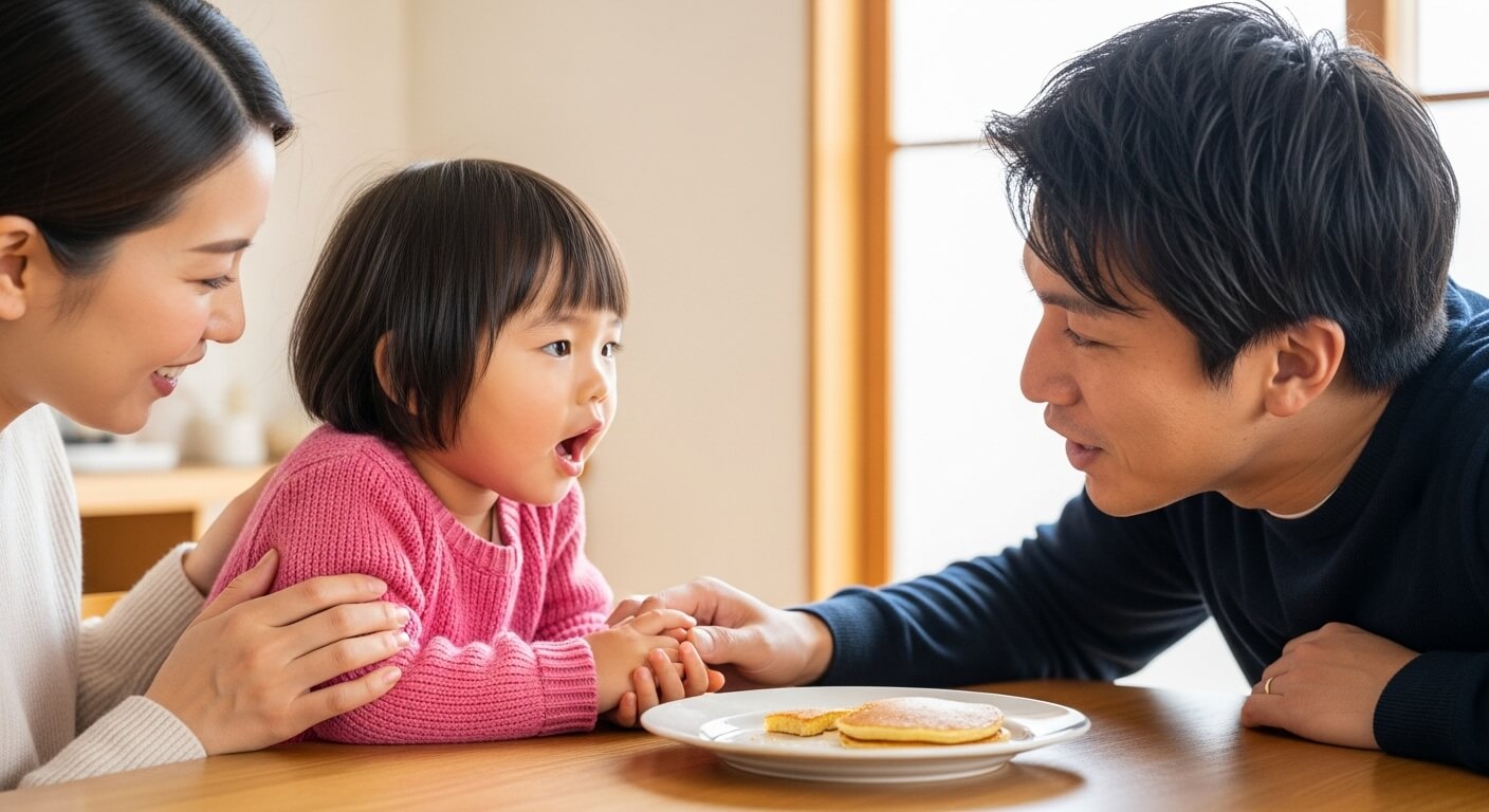 A- 2-year-old- Japanese- girl- is- trying -hard- to- talk- to- her- parents