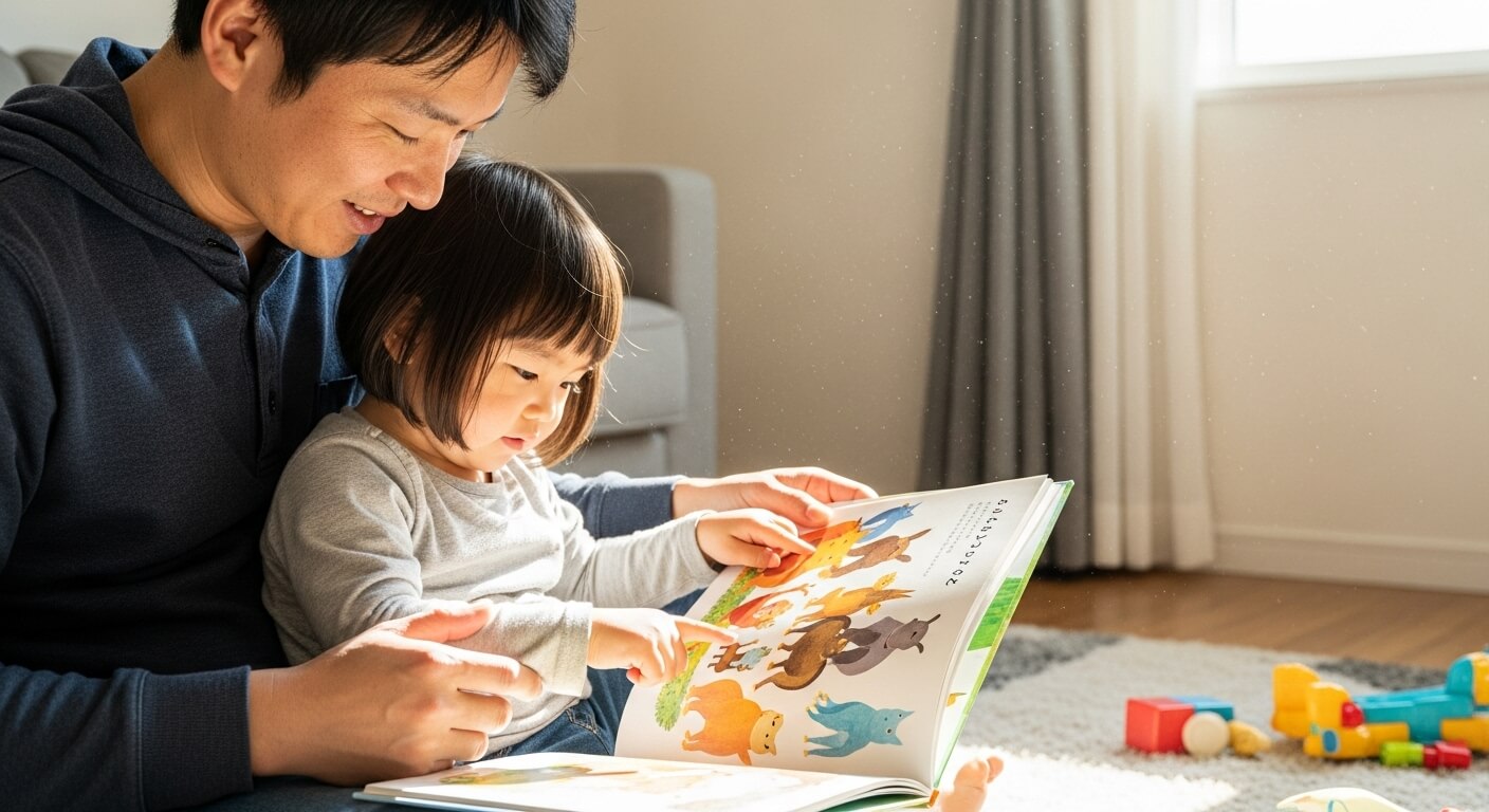 A- 2-year-old- Japanese- girl- and- her- father- looking- at- a- picture- book- together