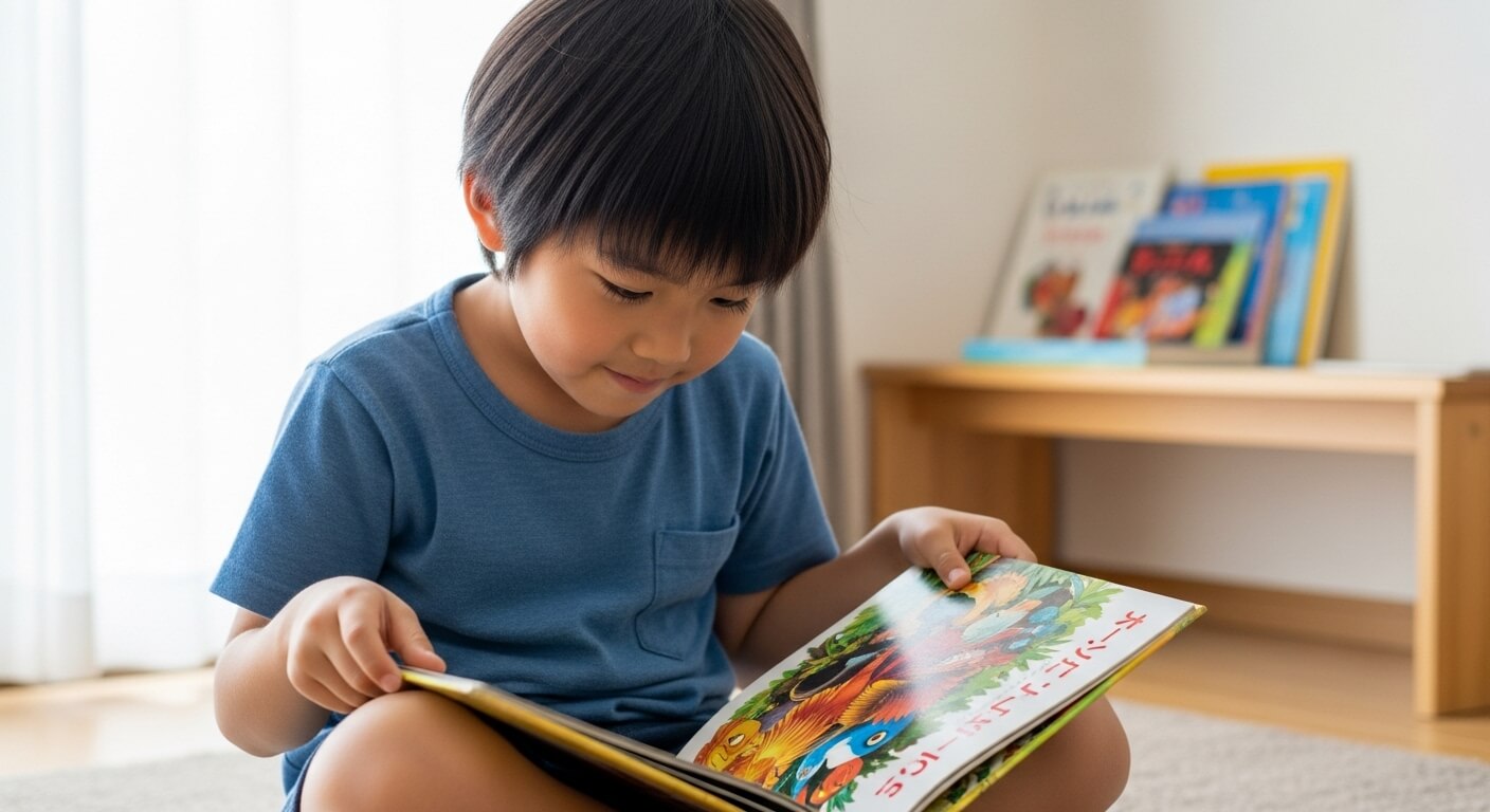 A- 6-year-old- Japanese- boy- is- looking- at- a- picture- book- by- himself