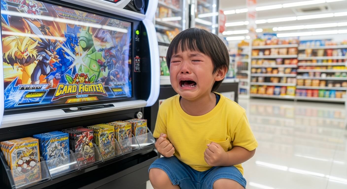 A 4-year-old- Japanese- boy -is- crying- in- front- of- a- game- machine- in- a- store- because- he- wants- to- play- a- card- game.