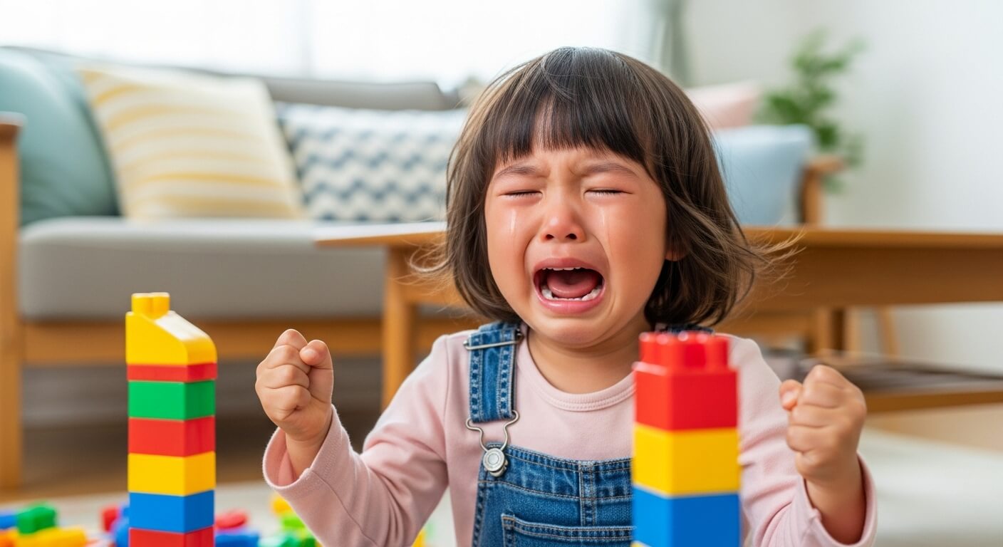 A 3-year-old- Japanese- girl- crying- during- the- "terrible- twos"- phase