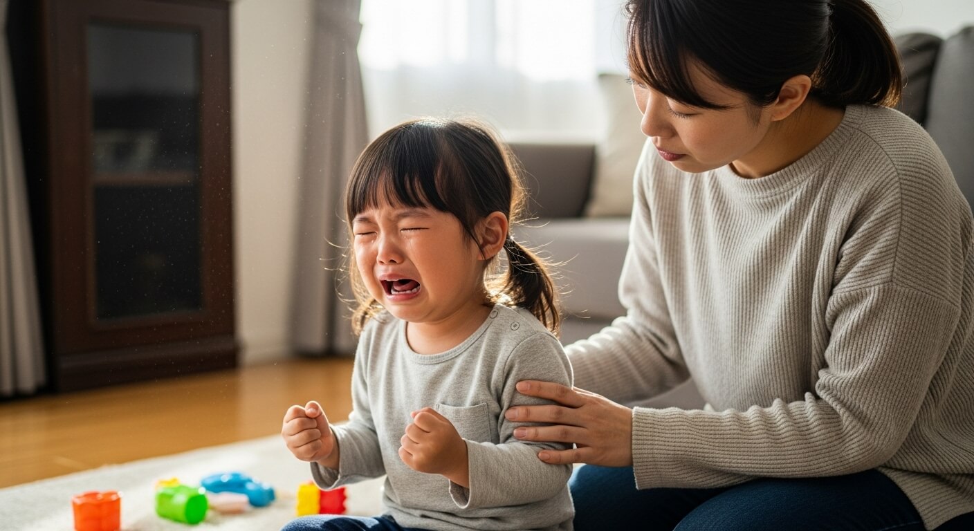 A- 3-year-old- Japanese- girl- is- in- the- "terrible- twos"- phase,- crying- while- her- mother- watches- over- her.