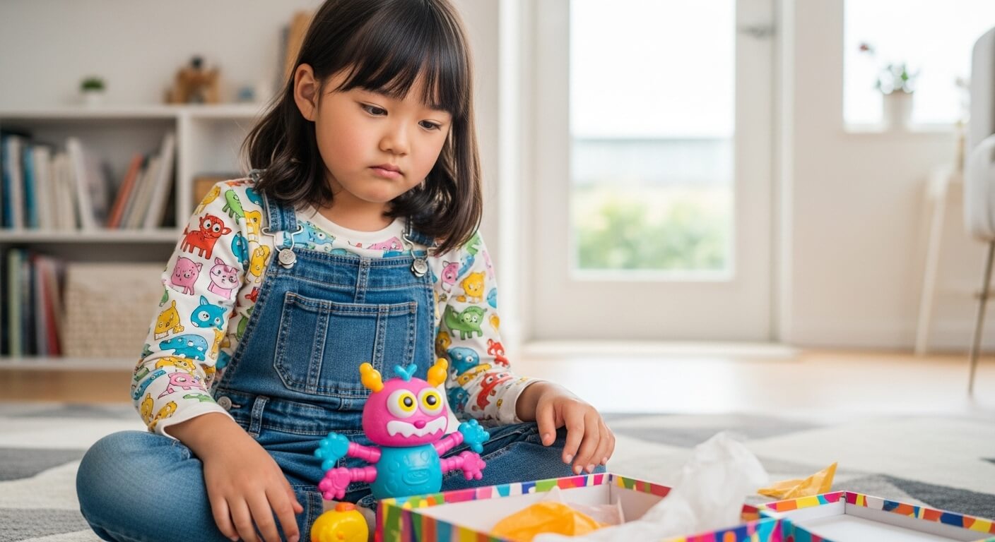 A- 5-year-old- Japanese- girl- who- doesn't- seem- to- like- the- toy- she- received- as- a- gift.