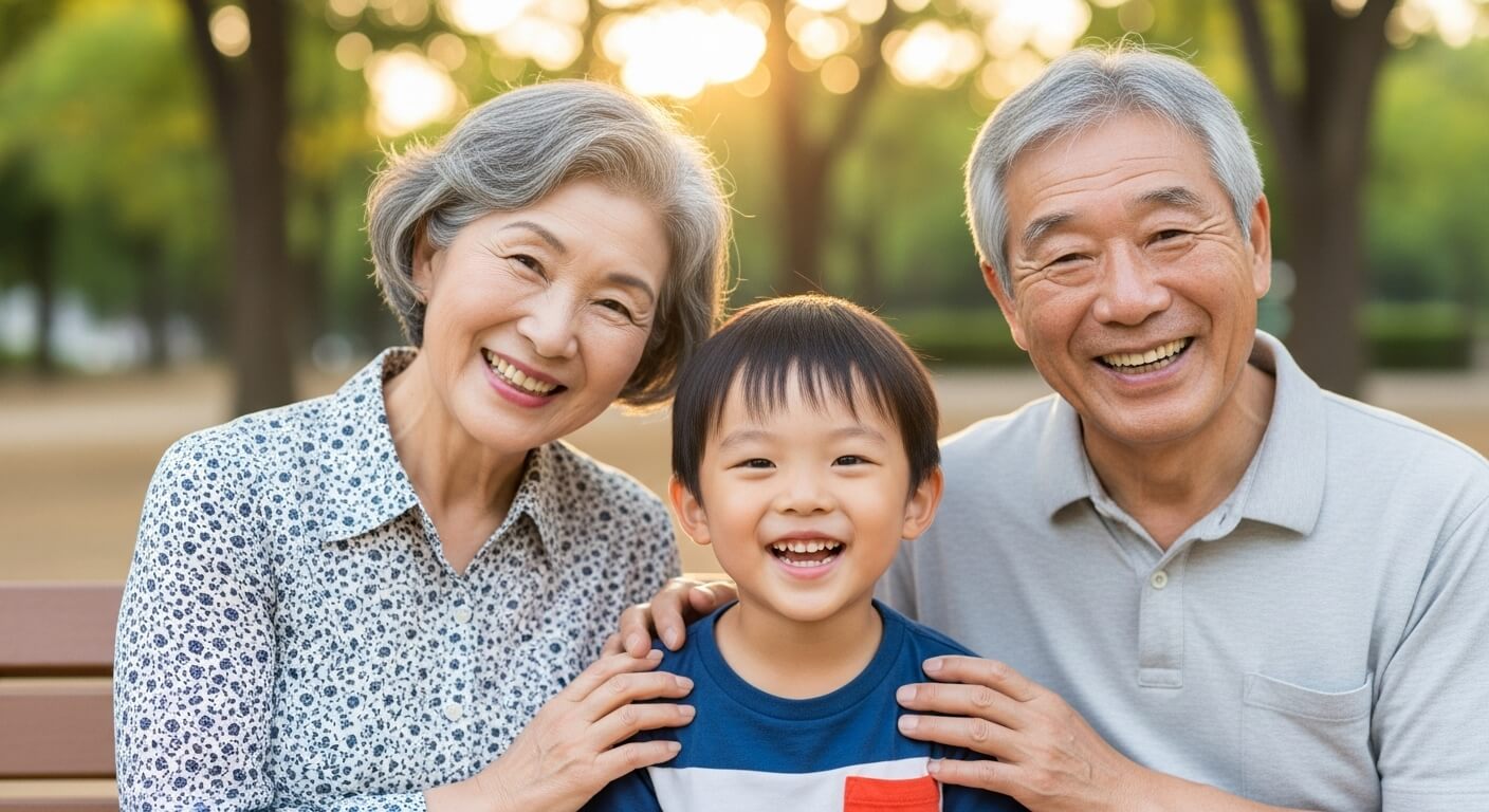 Japanese- grandparents- and- their- three-year-old- grandson- smiling