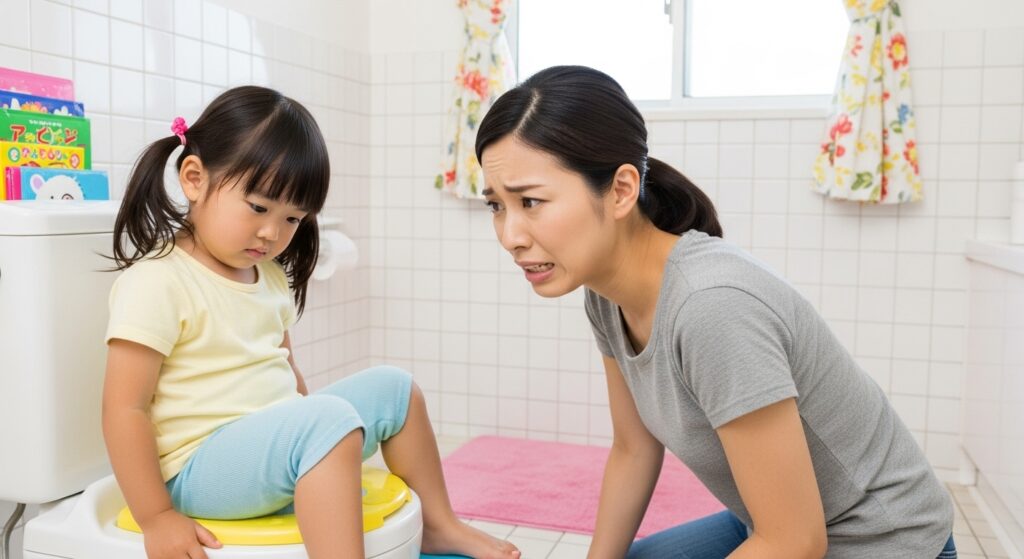A -3-year-old- Japanese- girl.- Her- mother- is- anxious- because- her- toilet- training -is- not- progressing.