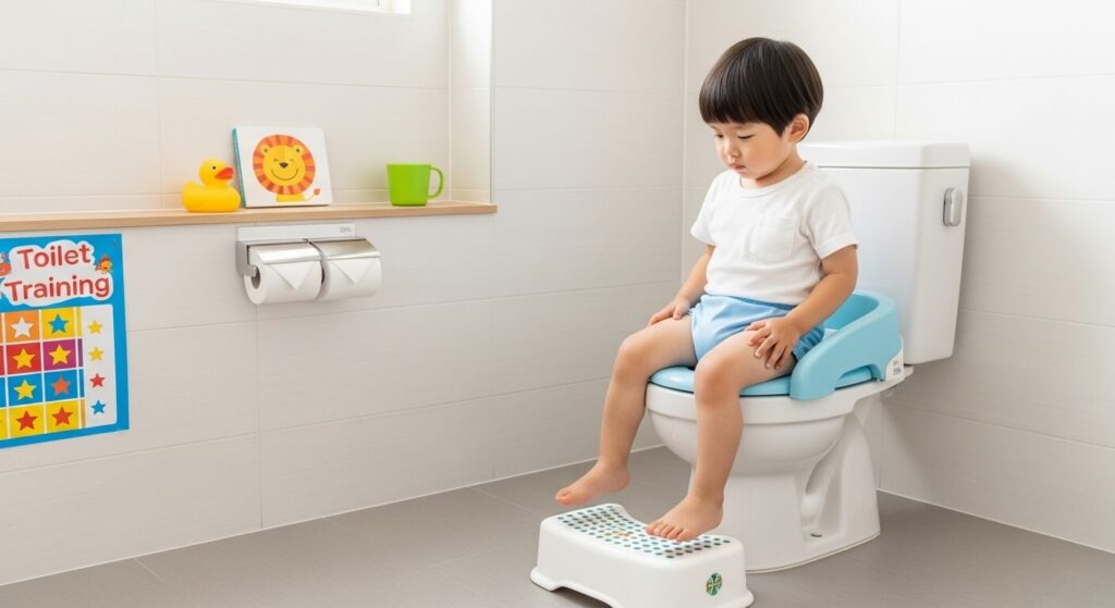 A- 2-year-old- Japanese- boy- undergoing- toilet- training