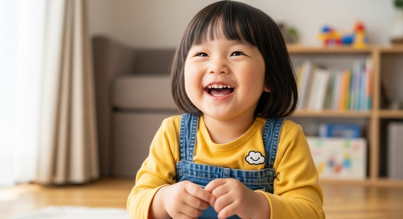 A- 2-year-old- Japanese- girl- seems- happy- after- receiving- praise.