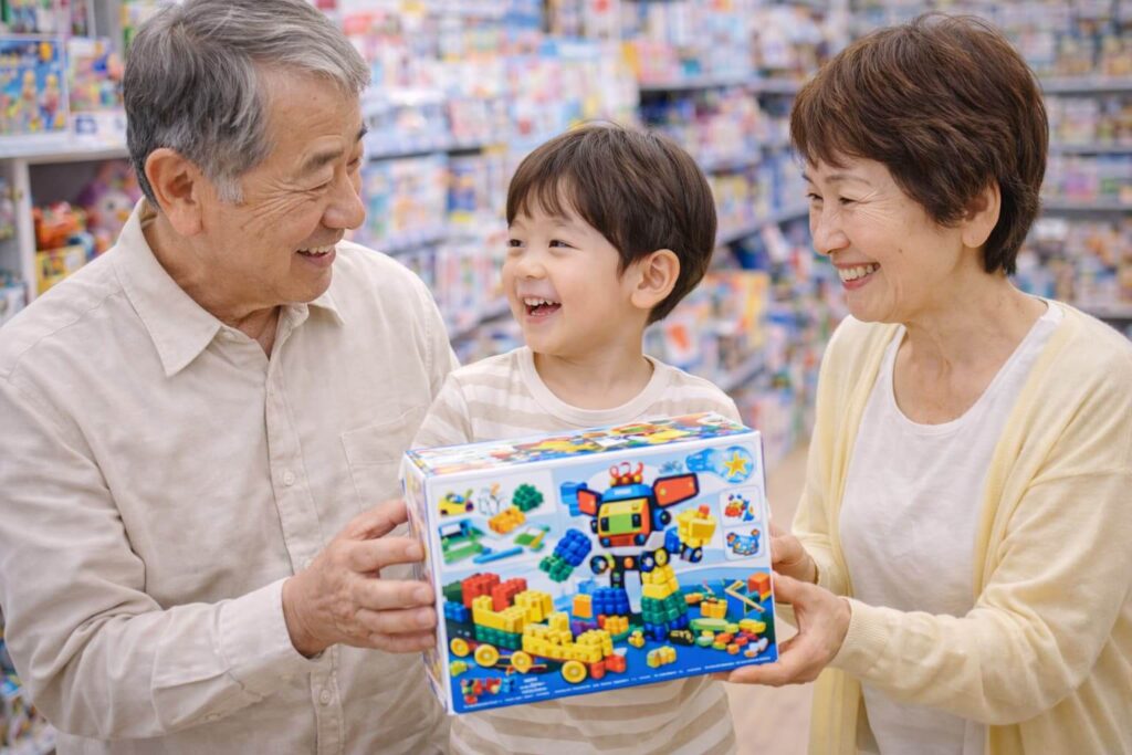 A- 6-year-old -boy -being- bought- a- toy- by- his- grandparents