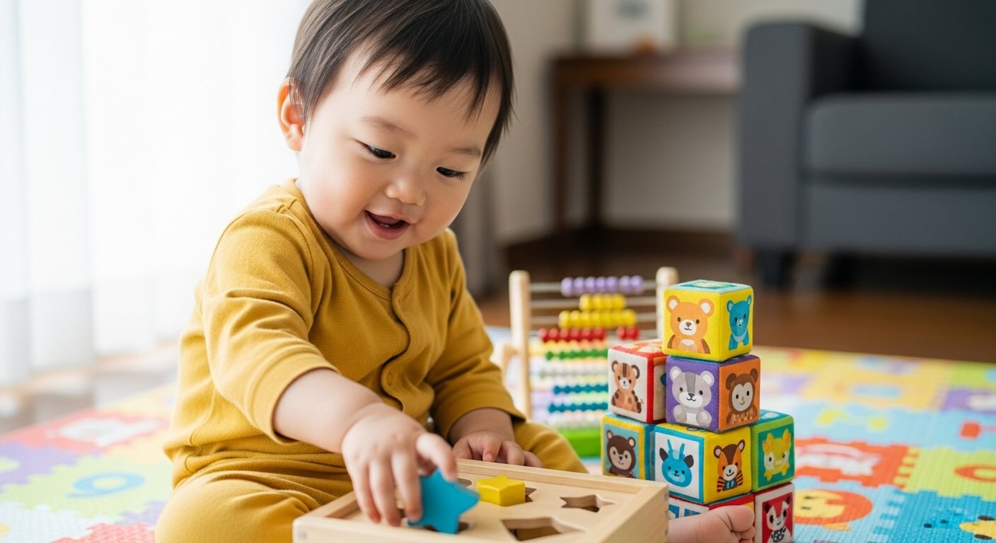 A- one-year-old- Japanese- child- playing- with- educational- toys