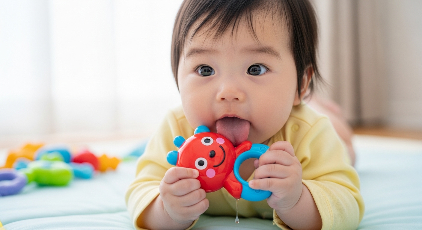 A- Japanese- 0-year-old- baby- licking- a- toy