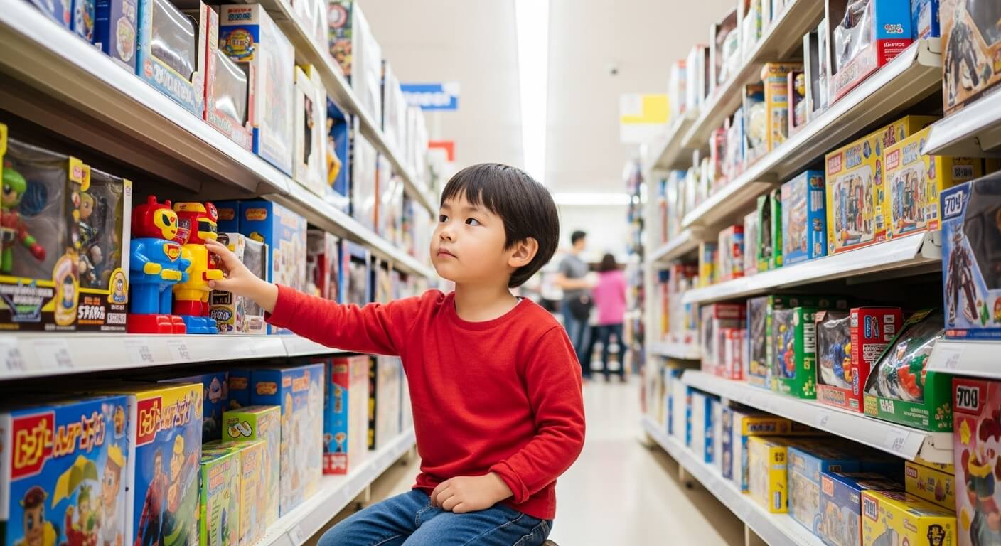 A- 3-year-old- Japanese- boy- choosing- a- toy- at- the- toy- section