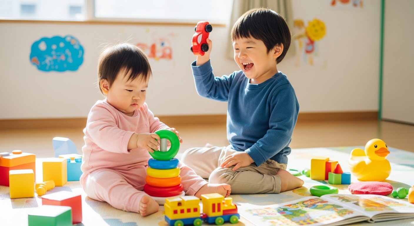 Japanese 1- and 2-year-old- children- playing- with- toys