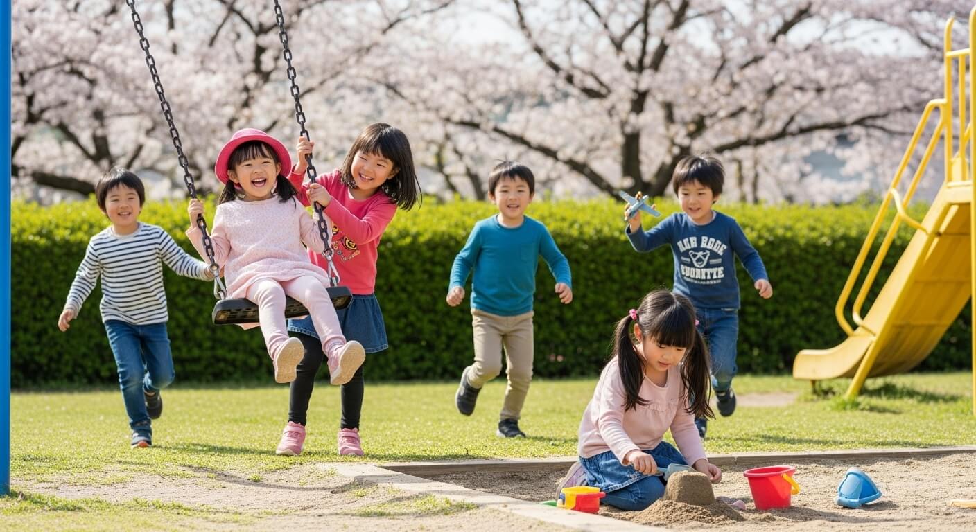 Five-year-old- Japanese- children- playing- outside