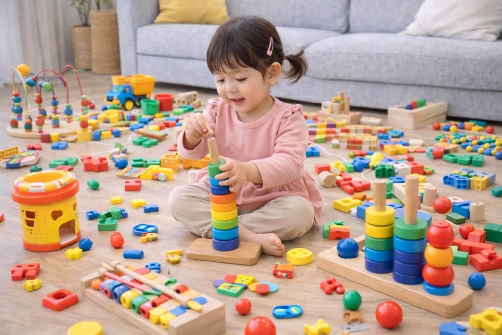 A- child- (a- 2-year-old- girl)- is -playing- with- toys- in- the -living -room,- but- there- are- so- many- toys- that- the- living- room- appears- to- be- overflowing -with- them.