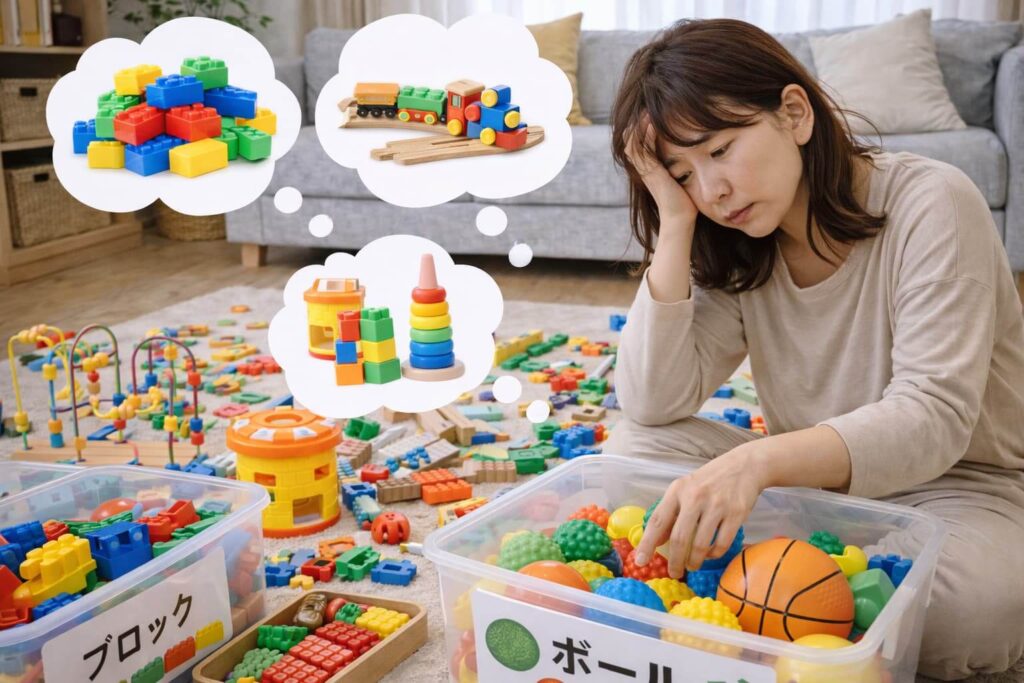 A- Japanese- mother- is- troubled -by -the- fact- that- she- has -too -many- toys- and -is -unable- to -choose -toys -that- are- appropriate- for- her- child's- age.