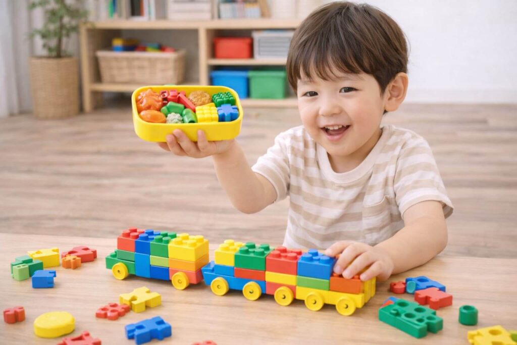 A five-year-old boy is playing in The- only -toys- he -has- are- blocks,- which -he -uses- to -pretend- they- are- trains- or- lunch- boxes, -and -he -seems- to- be- playing -with- them -skillfully.