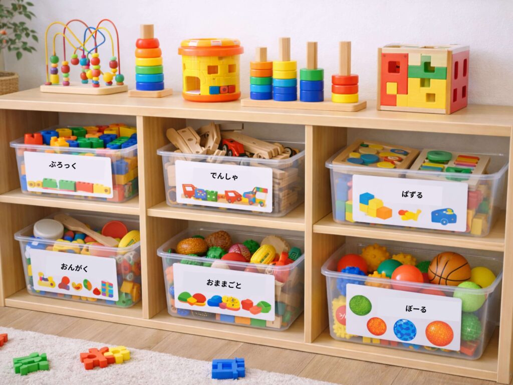 Toys- at- the- nursery- school- are- clearly- labeled- and -the -shelves- are- easy- to- put- away.