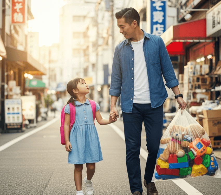 A- Japanese- parent- and- child- taking- their- toys- to- a- recycle- shop- to- sell- them.
