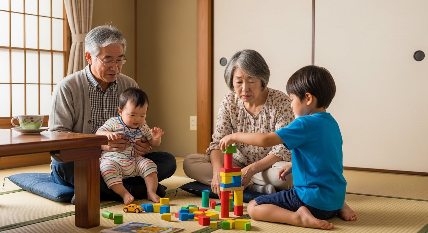 Japanese- grandparents- with- their- two- grandsons,- a- 5-year-old- boy- and- a- 1-year-old- boy.- They- are- playing- together,- but- the- grandparents- seem- tired.