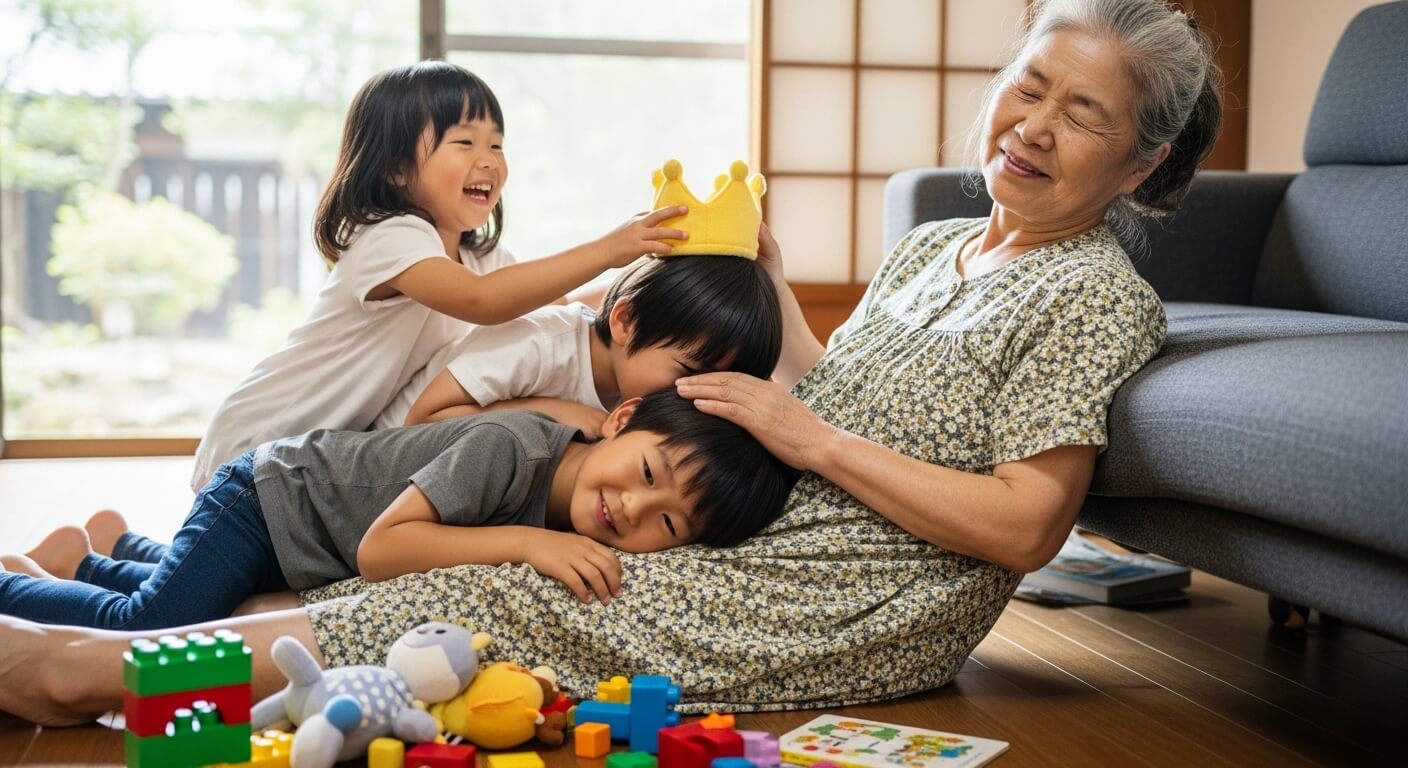 Japanese- grandmother- seems- tired- from- playing- with- her- grandchildren