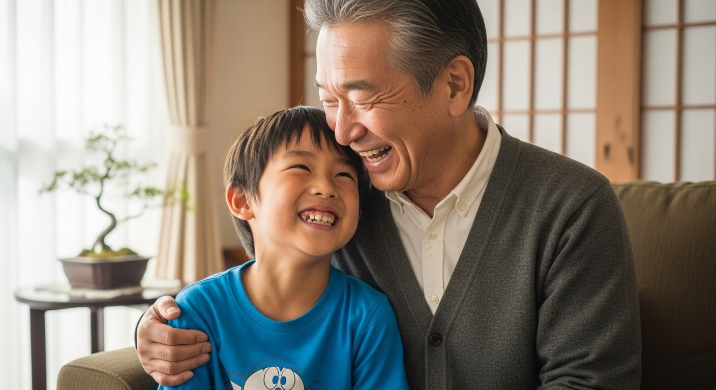 Japanese -grandfather- having- fun- with- his- grandson