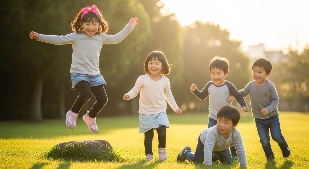 Children- playing- lively. Two- 6-year-old- Japanese- girls- and- three- boys