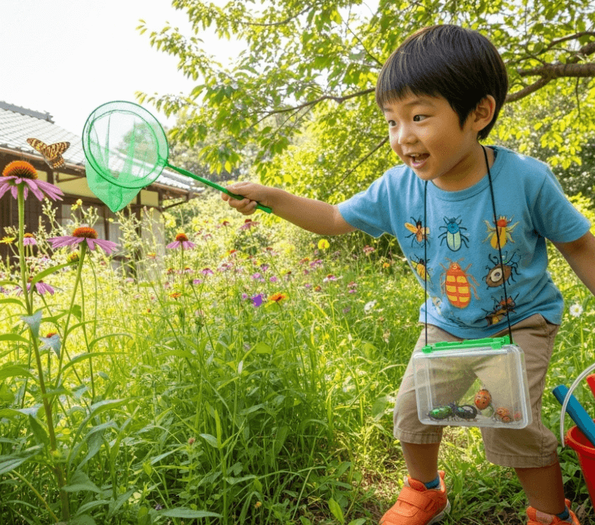 A -5-year-old- Japanese- boy -playing- outside- catching- insects
