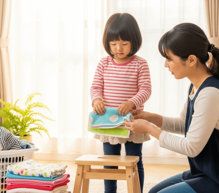 A- girl- helping -to- fold- the- laundry