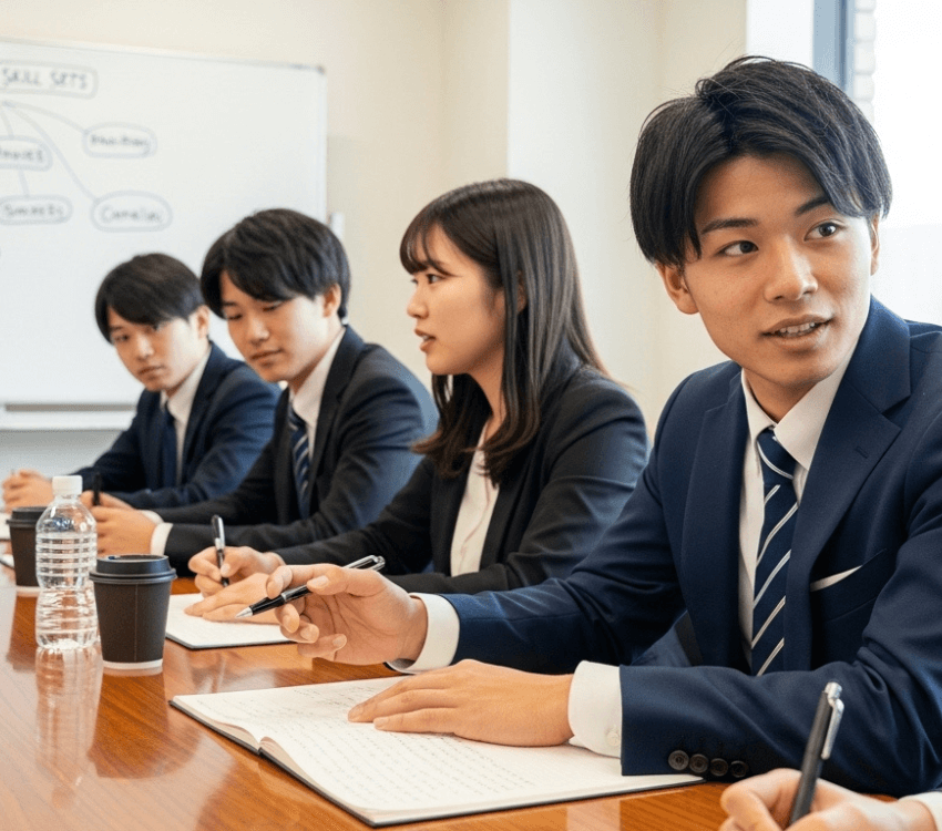 A -20-year-old- Japanese- male- university- student- participating- in -a- group- discussion -during- a- job- search.