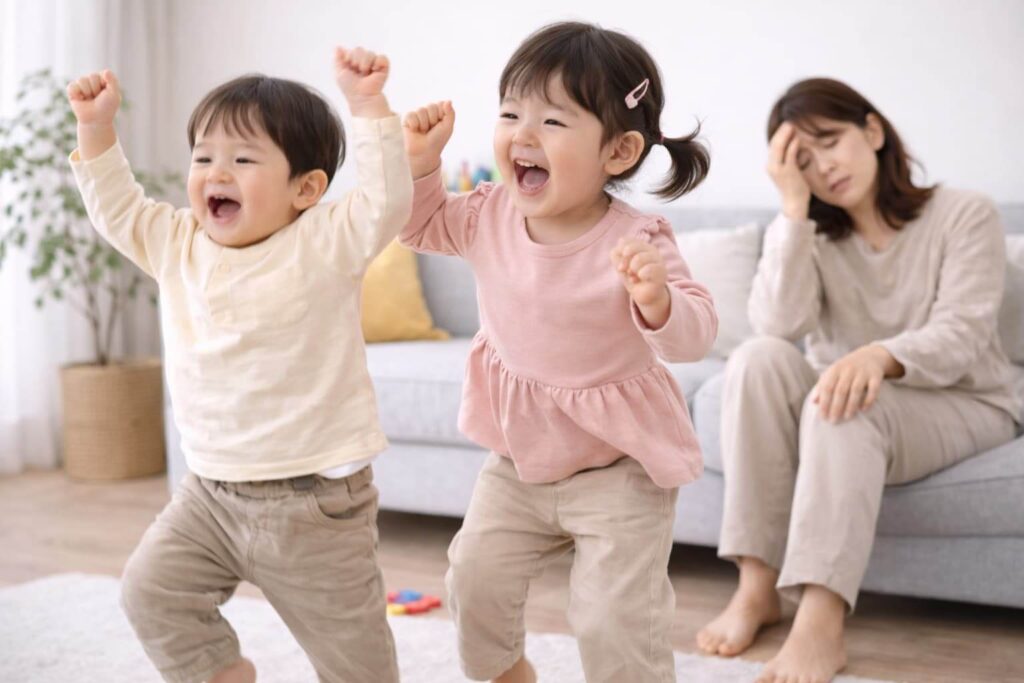 The- children,- a- 2-year-old- boy- and- a- 3-year-old- girl,- are -playing- around -in- the- living- room,- and- their- mother- appears- to- be- tired.