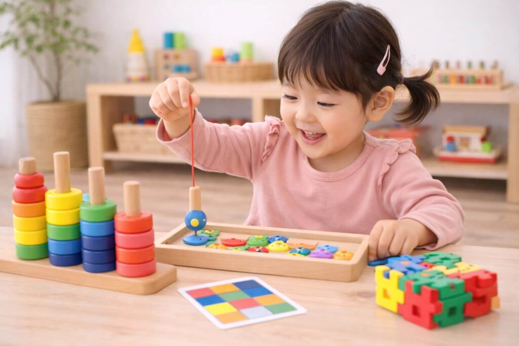 A- 5-year-old- Japanese- girl- appears- to- be -playing- with- educational- toys- that- are- "fun"- and -"engrossing"- in- addition- to -smartphones.