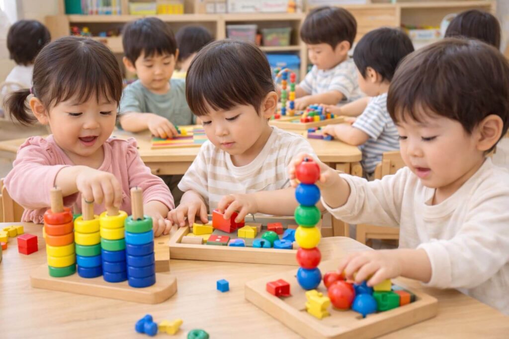 A- nursery- school- for- three-year-olds.- Children- are- concentrating- on- playing- with- educational- toys.