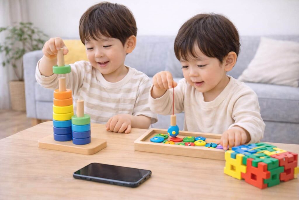 A- child -is -in -the -living -room,- engrossed -in- playing- with- a- toy- that- is- more- appealing- than- a- smartphone.
