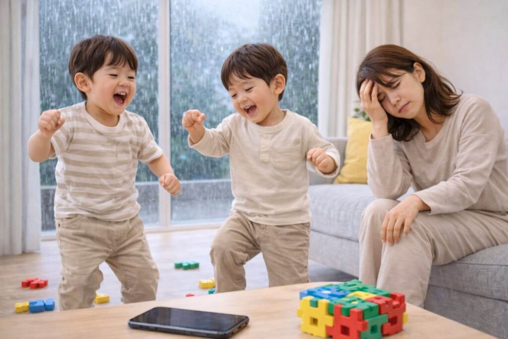 A- Japanese- parent- and- child- are- in- the- living- room,- but -it's- raining- outside -and -they- can't- go- out.- The- child -is- playing- energetically,- so- the- mother- seems- tired.