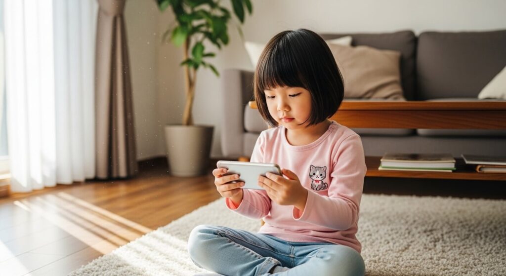 A- 3-year-old -Japanese- girl- watches- videos- on- her- smartphone- in- the- living- room.