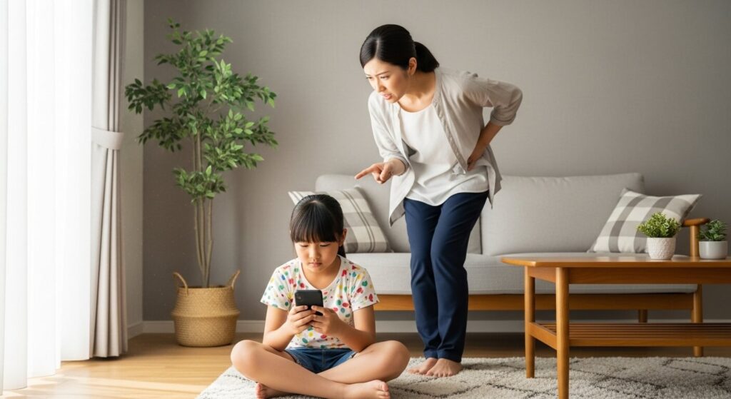 A -Japanese- child- (10-year-old- girl)- is- being -scolded- by- her- mother- for- playing -games- on- her- smartphone- in- the- living- room.