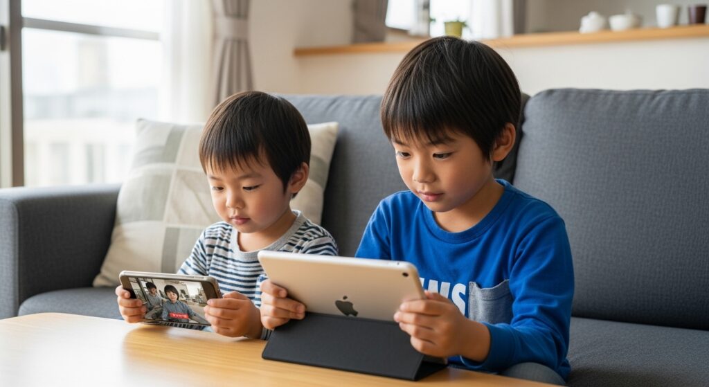 Two- Japanese- brothers- watching- videos- on- a -smartphone- and- tablet- in- the- living -room