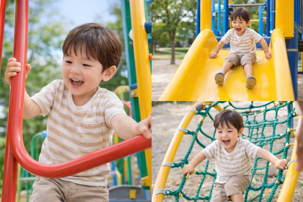 A- 3-year-old- child- is- playing -and -moving -around- in- the- park.