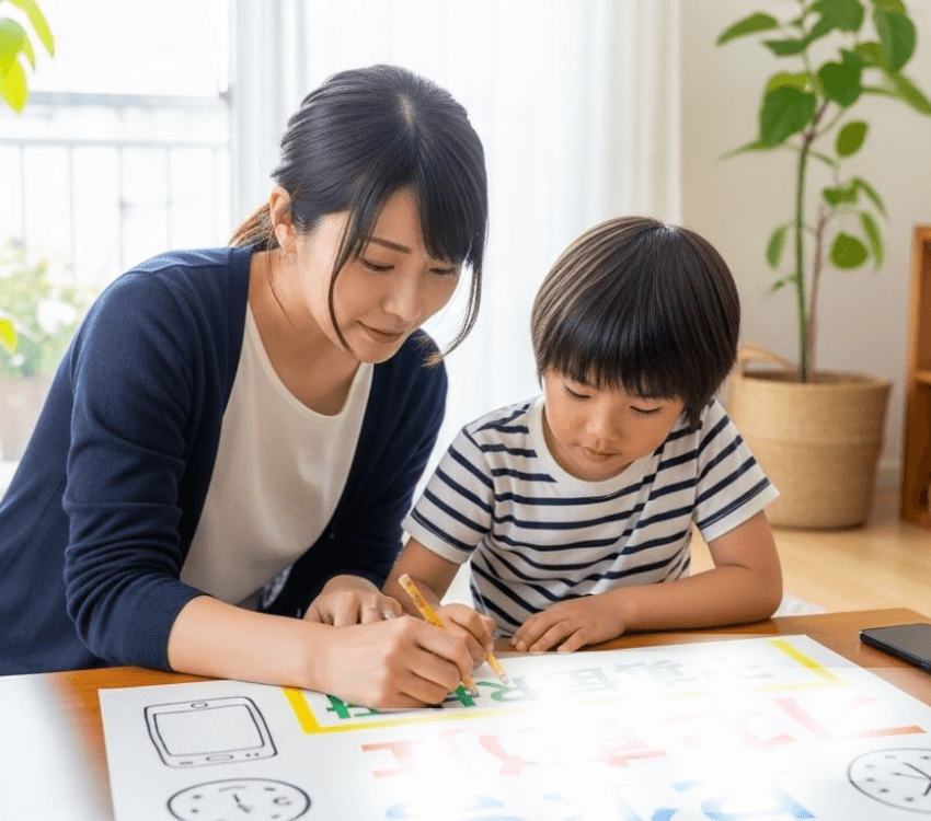 A- Japanese- parent- and- child.- A -mother- and -her- 5-year-old- child- are -creating -rules- for- using -smartphones- in- the- living -room.