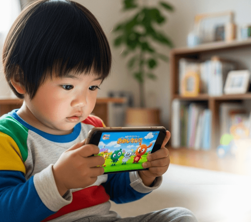 Even- though- he's- only- two -years- old,- he's- already -hooked- on -his- smartphone.